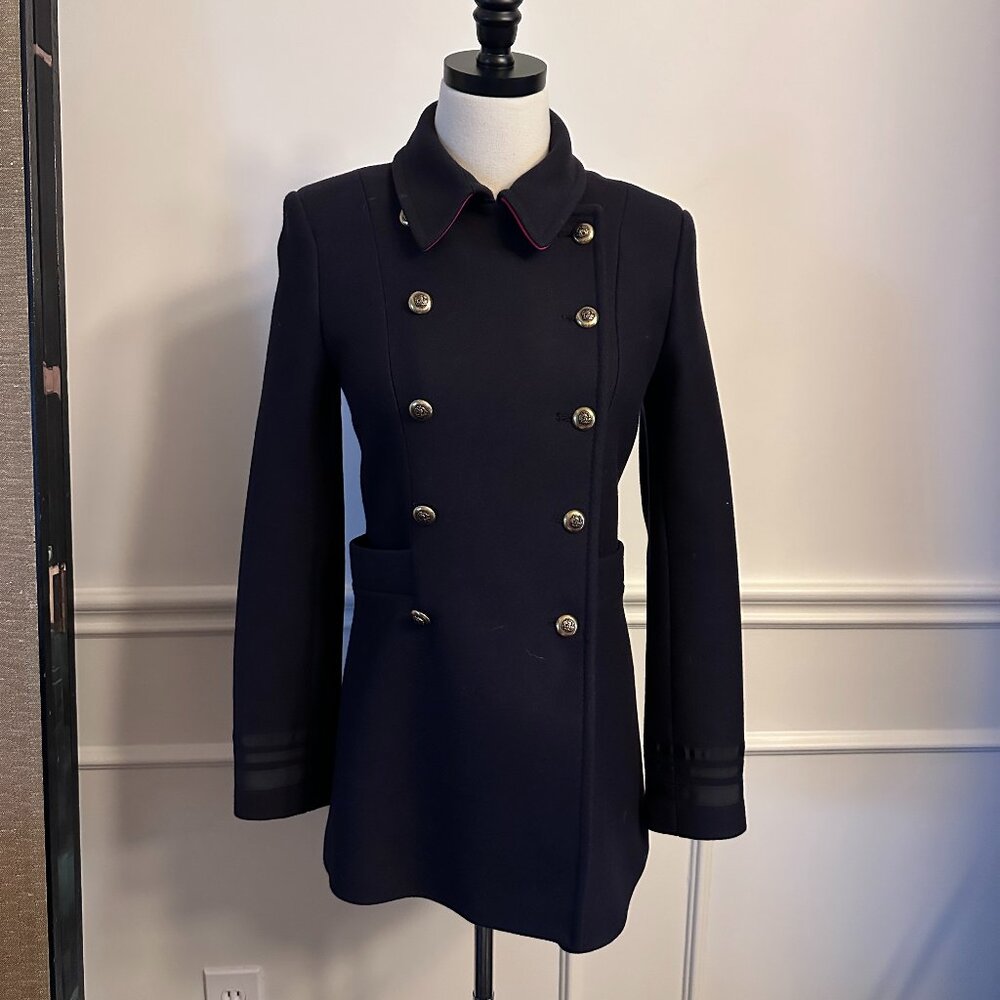 Zara Military style Navy Pea Coat in wool blend, size M ~ pre-owned!